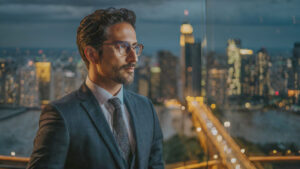 Billionaire real estate investor, looking out of sky rise luxury multi-million dollar apartment in NYC